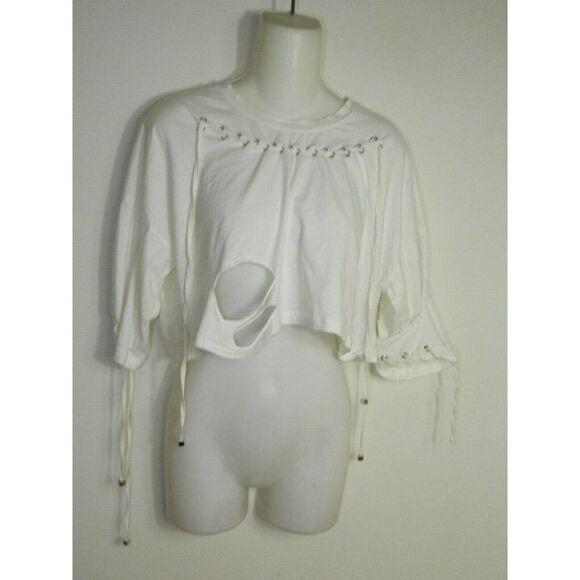 POL Clothing Shirt‎ White Cropped Distressed Beaded Strings Tank Top - Picture 5 of 8